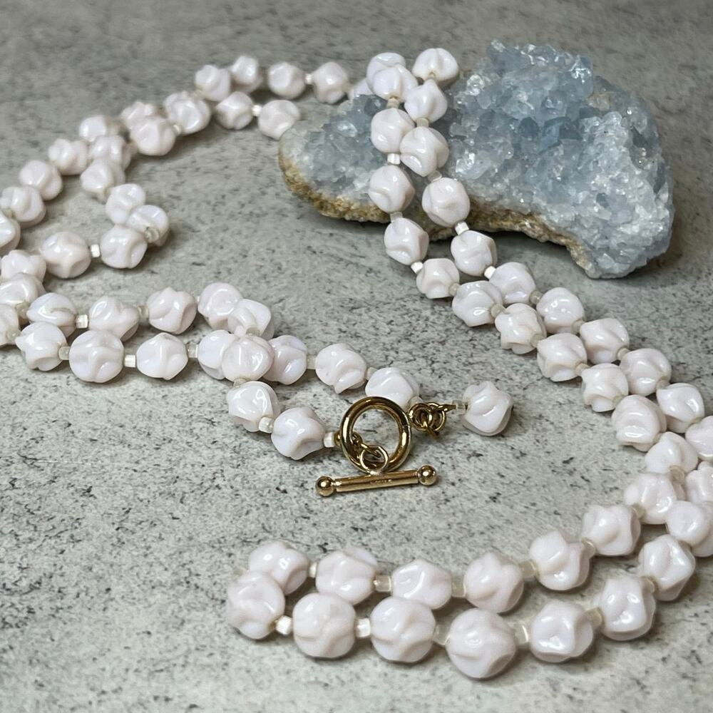 Vintage pale pink milk glass shaped beads gold filled toggle clasp